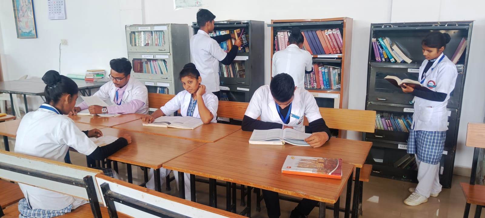 Students studying in a library.