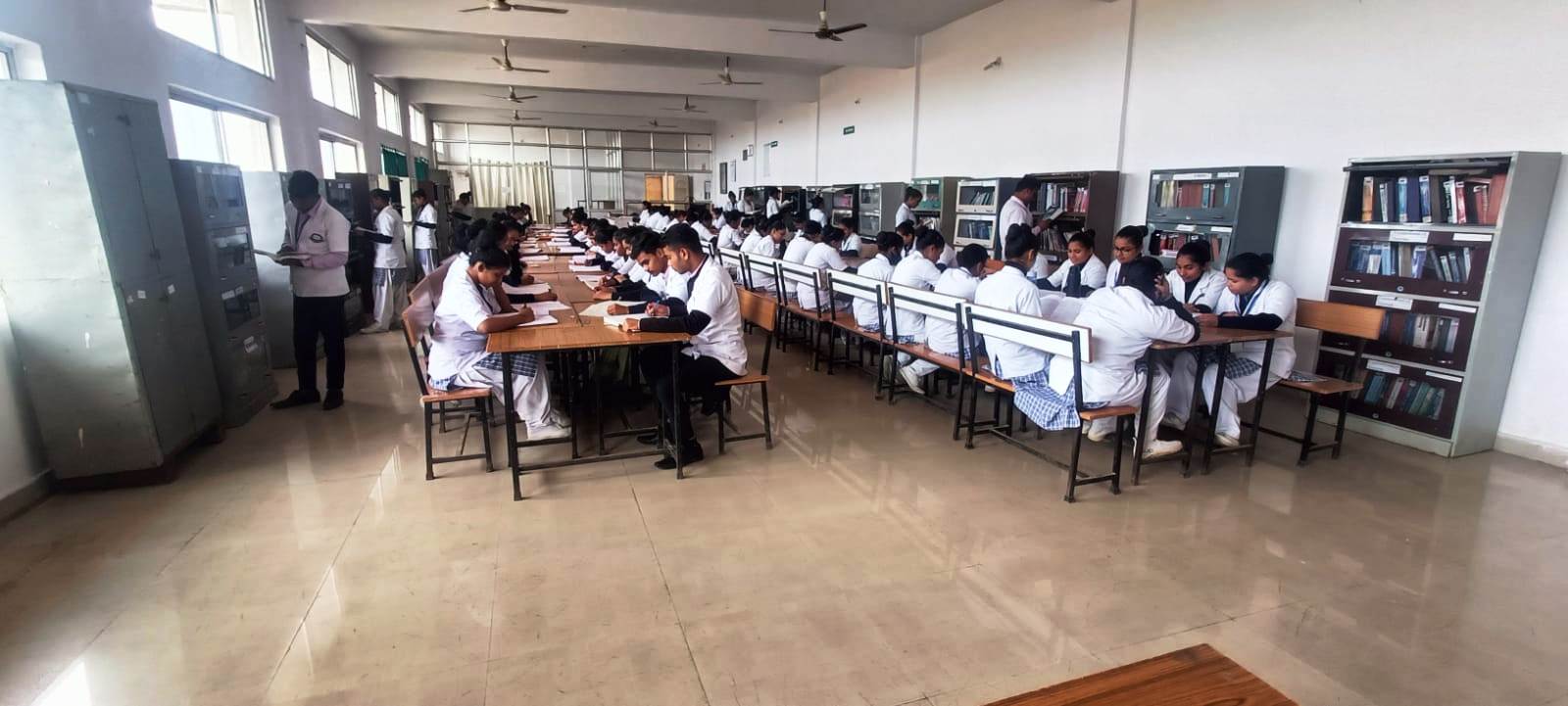Students studying in a library.